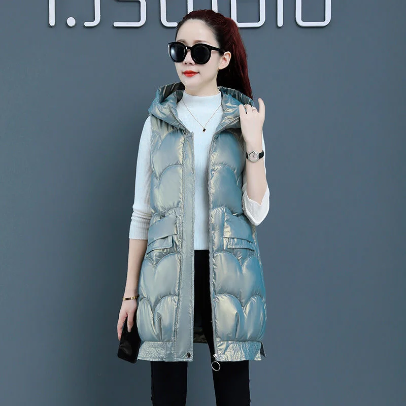 

Glossy Hooded Trend Vest Coat Mid-length Winter Down Cotton Women Korean Fashion Sleeveless Jacket Gilet Body Warmer Waistcoat