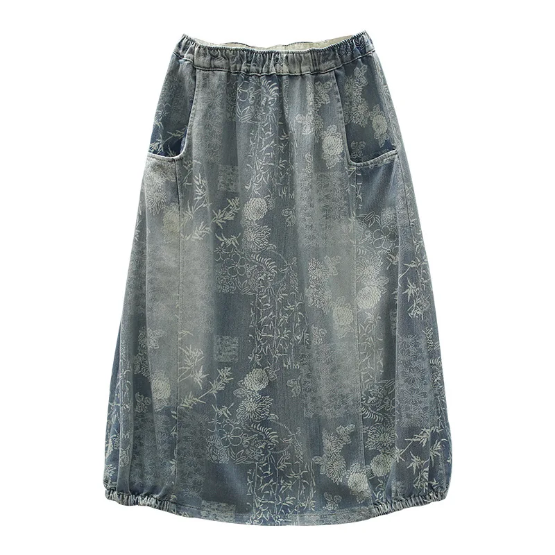 

Retro Plus Size Denim Skirt Woman 2020 New Spring Autumn Floral Print Elastic Waist Pocket Loose Jeans Skirt A Line Skirt
