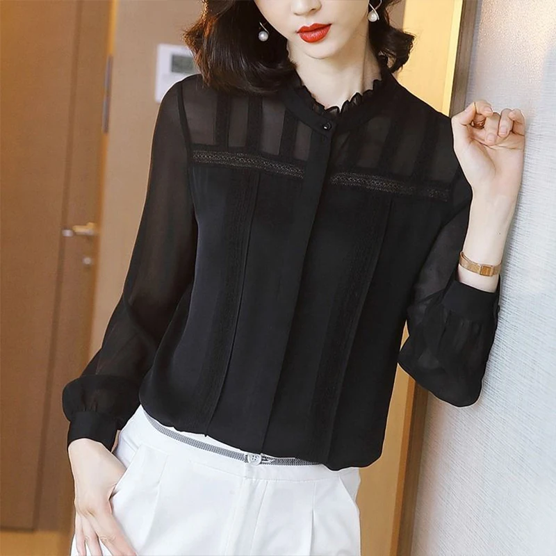 

Hot sale Women's Spring Summer Style Lace Blouses Shirt Solid Color O-neck Button Long Sleeve Elegant Lace Casual Tops button up