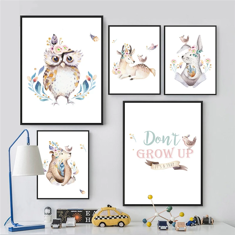 Мультяшный постер с изображением совы кролика оленя медведя и принтом