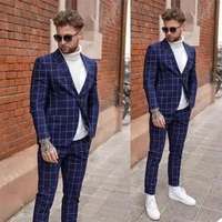 men suits slim tailor made 2 pieces plaid fit checked tuxedo man jacket coat groom wedding formal prom tailored