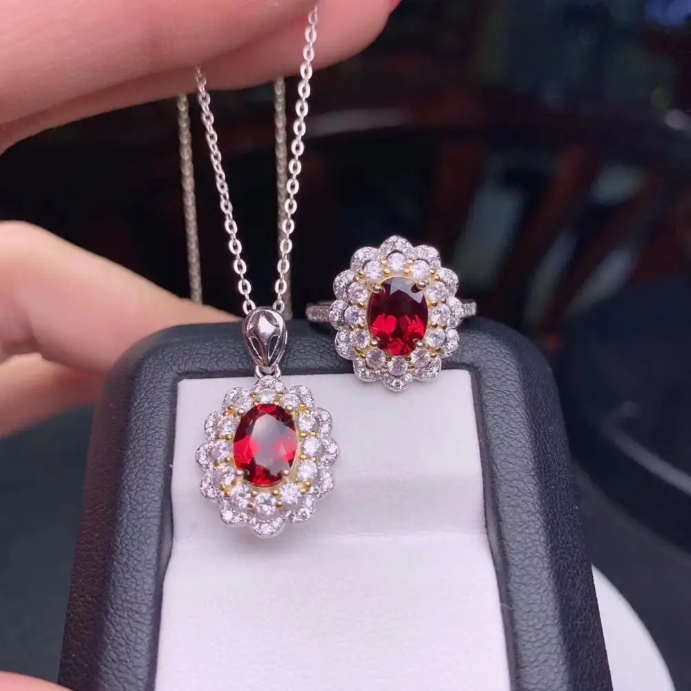 

Natural red garnet stone jewelry sets natural gemstone ring Pendant S925 silver Elegant Lovely round girl party gift jewelry