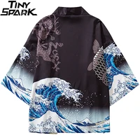 2021 harajuku kimono jacket japanese kanagawa great wave hip hop mens streetwear jacket dragon koi fish thin gown japan style