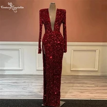 Robe De soirée rouge style sirène, manches longues, paillettes, fente haute, décolleté en v profond, Sexy, robes élégantes  (3)