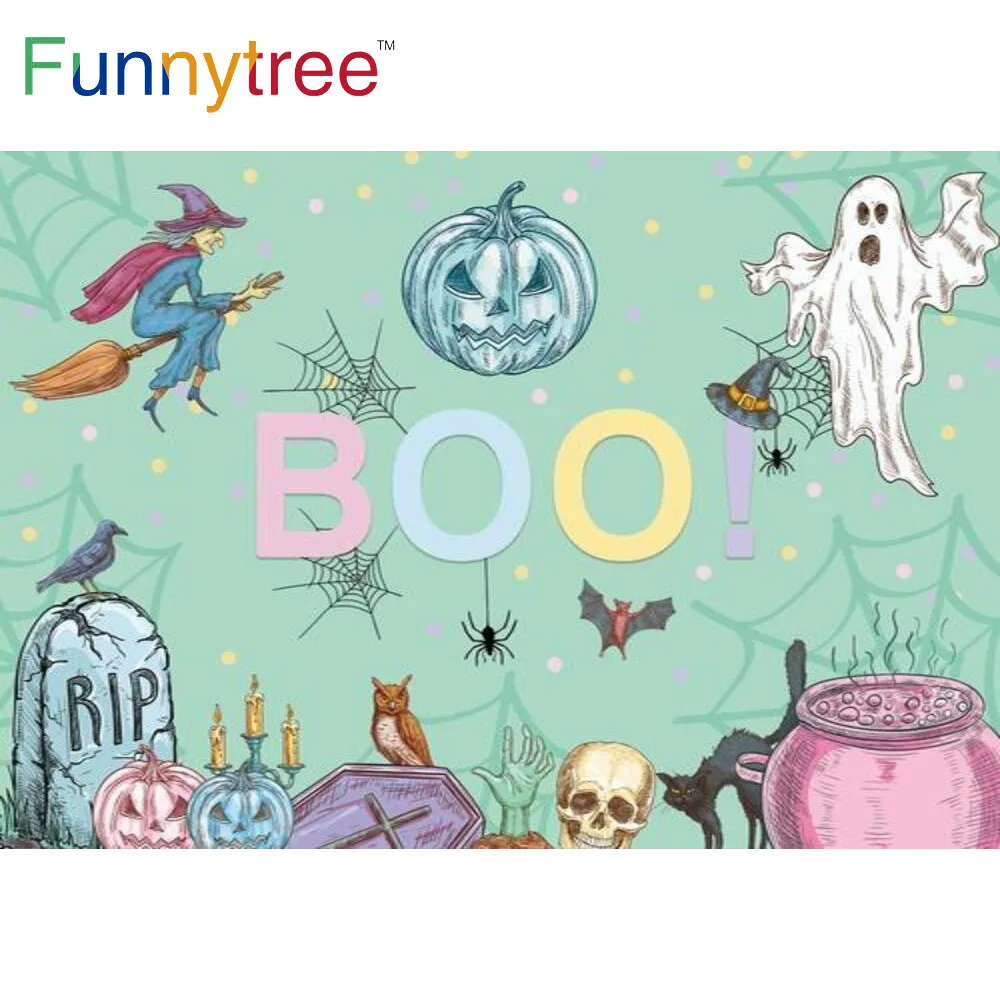 

Funnytree Boo Halloween Party Backdrop Ghost Witch Pumpkin Lantern Skull Spider Web Horrible Owl Tombstone Background Photobooth