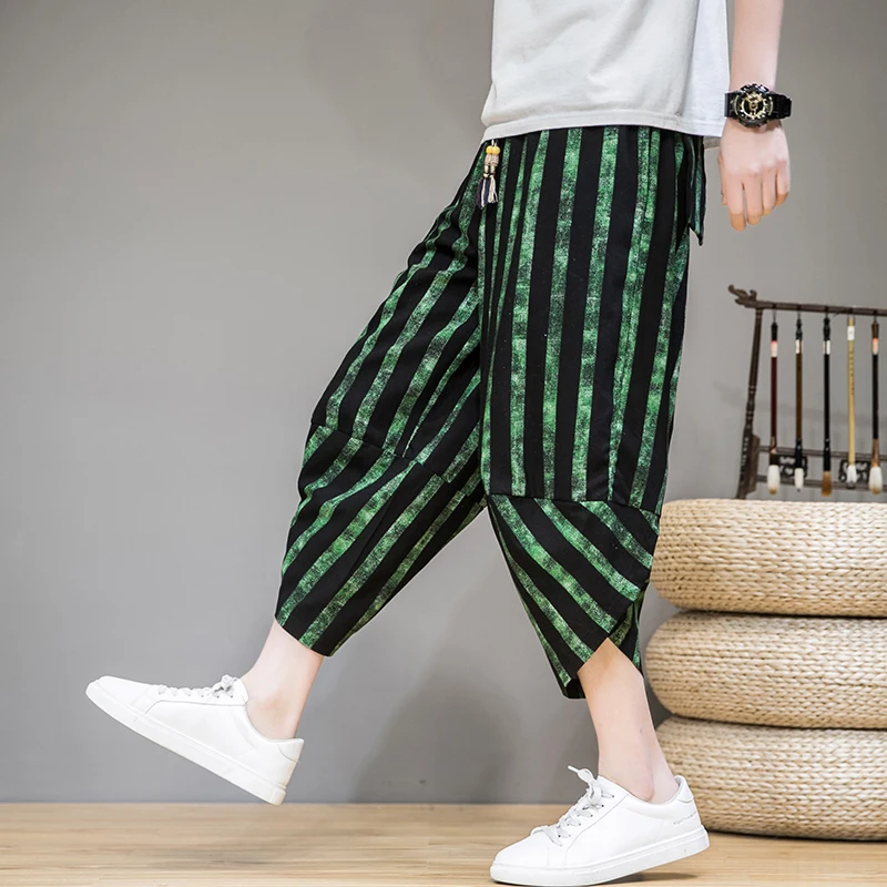 

Chinese Style Harem Pants Men Summer Casual Joggers Mens Pants Streetwear Cotton Striped Calf-length Trousers Men