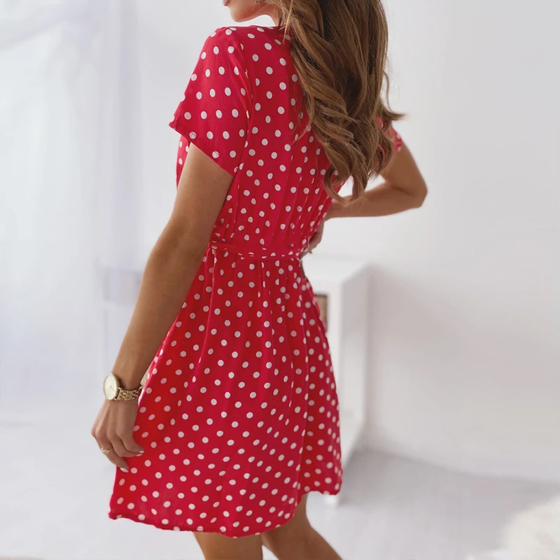 

Summer women's dress 2021 vestidos mujer verano bow floral polka dot boho dress V-Neck blue party mini sexy short sleeve dress