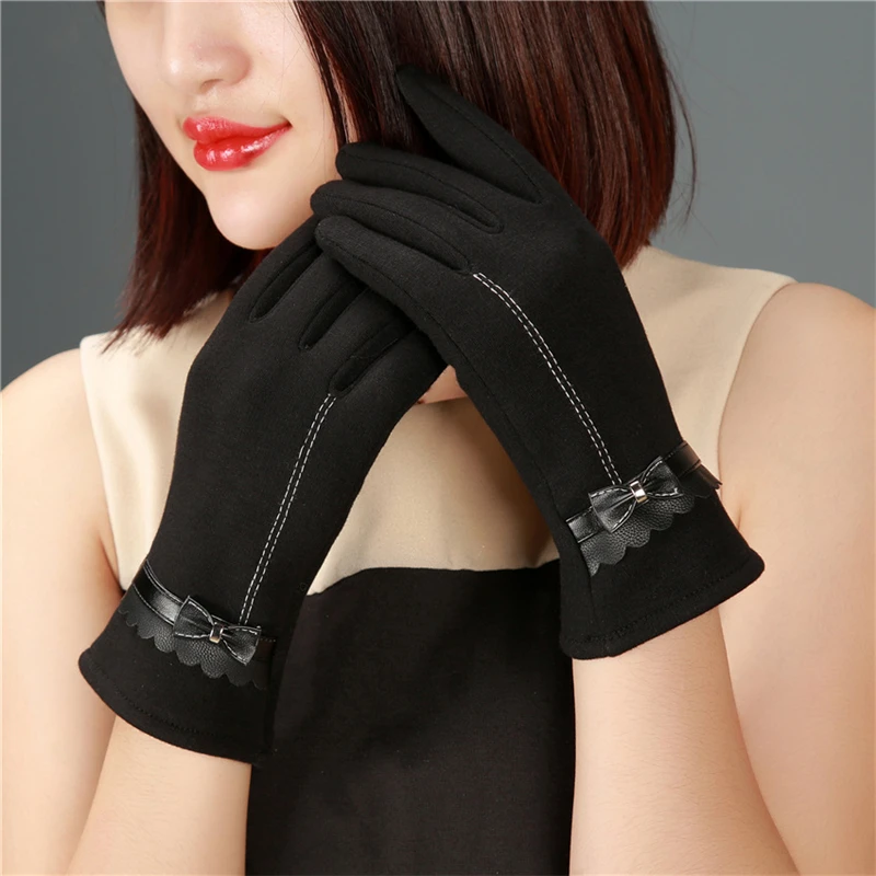 

Women Winter Bow Velvet Gloves Lady Thick Leather Autumn Touch Screen Mittens Glove Female Cycling Line Bow Gloves Wholesale
