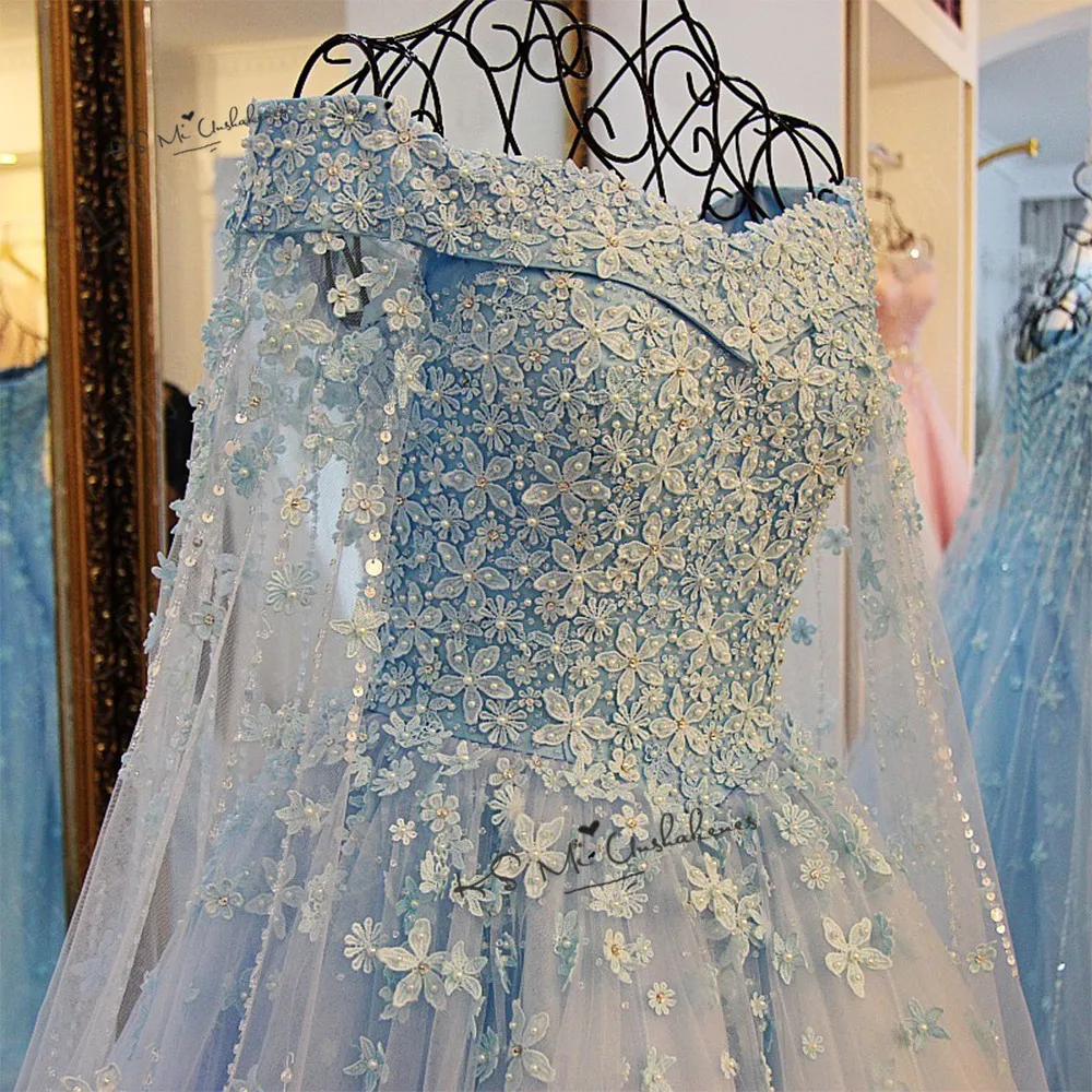 

Light Blue Wedding Dresses Long Train Cape Flowers Ball Bridal Gowns Robe Tassel Sleeves Luxury 2020