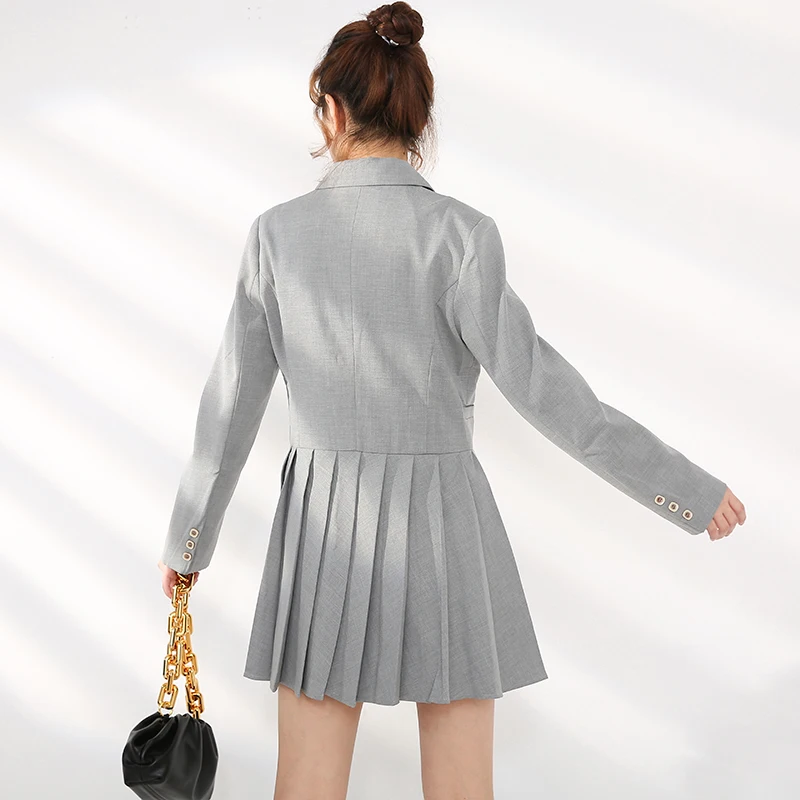

[EAM] Women Gray Double Breasted Pleated Mini Dress New Laepl Long Sleeve Loose Fit Fashion Tide Spring Autumn 2021 1DB02002