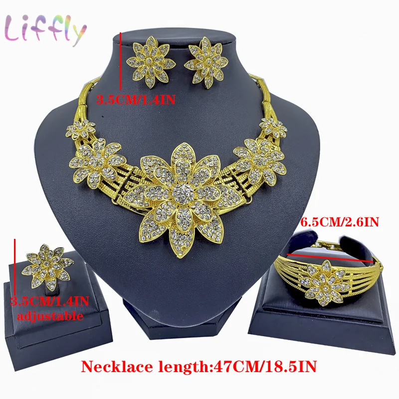 

Nigeria Wedding Flower Necklace Bracelet Earrings Ring Crystal Jewelry Indian Elegant Bridal Fashion Jewelry Sets