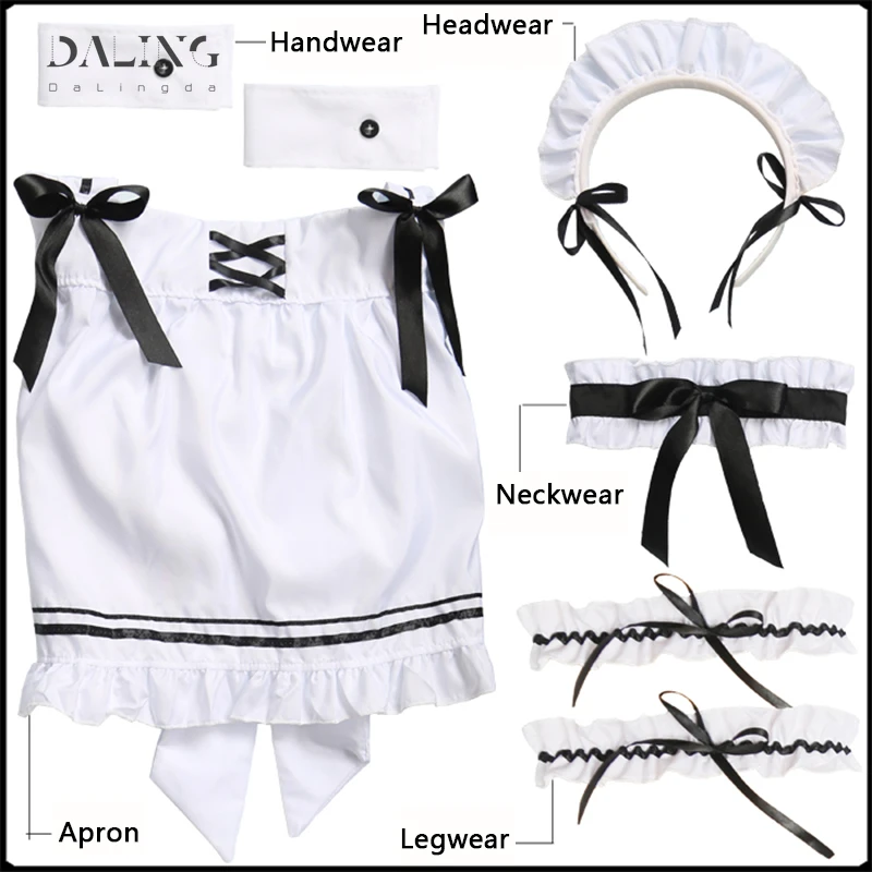 

7 Piece Set French Maid Outfit Lolita Cosplay Dresses Girls Amine Cute Waitress Cafe Woman Dress Sissy Maid Costumes Uniform