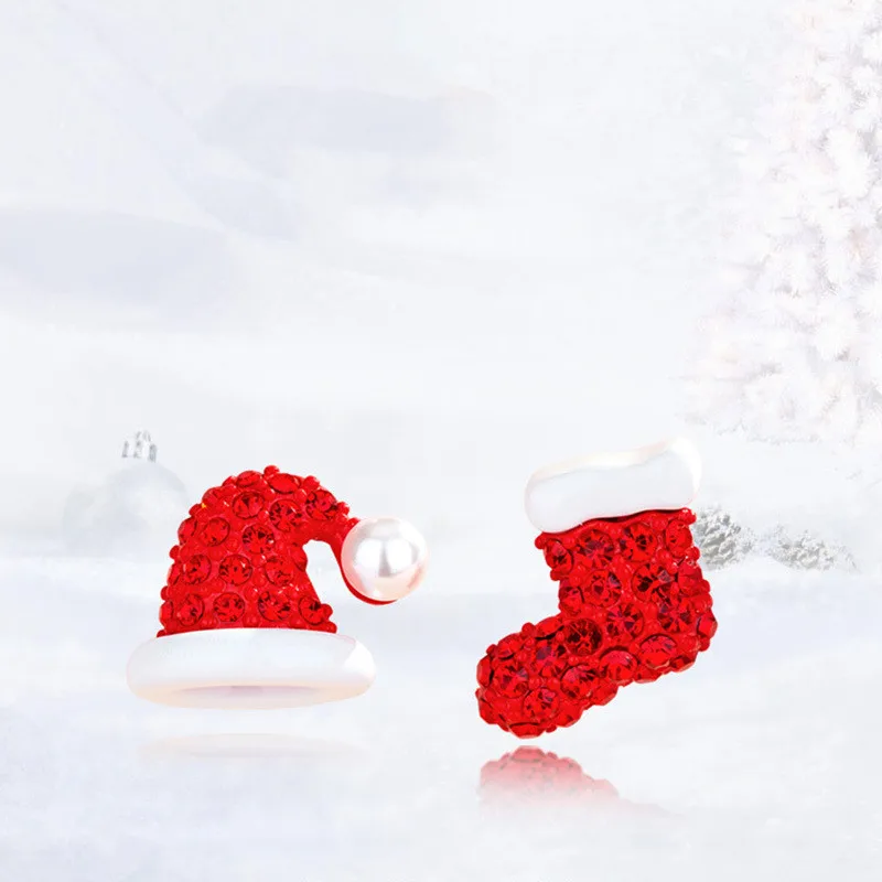 

LOVOACC Funny Red Enamel Christmas Hat Sock Drop Earrings for Women White Faux Pearl Sparkly Rhinestone Asymmetric Earrings