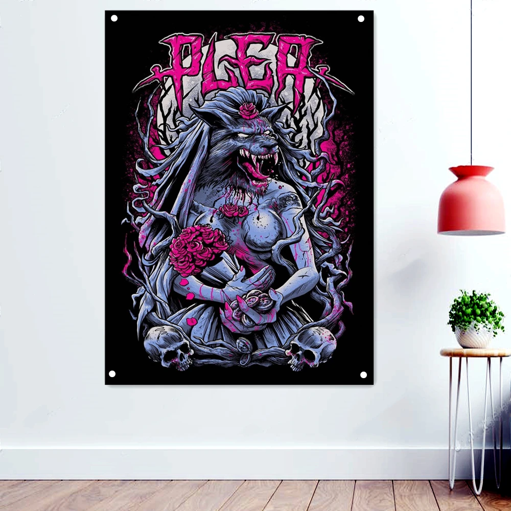 

PLEA Dark Metal Artwork Banners Tapestry Horror Skull Tattoos Posters Macabre Art Background Wall Hanging Hard Rock Music Flag