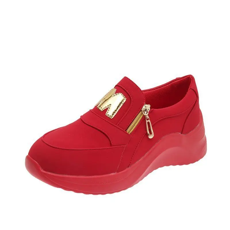 

Кроссовки на танкетке для женщин, Вулканизированная подошва, на толстой нескользящей подошве, на молнии, повседневная обувь, черные/красные