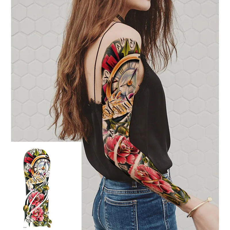

Large Arm Sleeve Tattoo Clock Rose Eye Fish Waterproof Temporary Tatto Sticker Dice Body Art Full Fake Tatoo Women Men