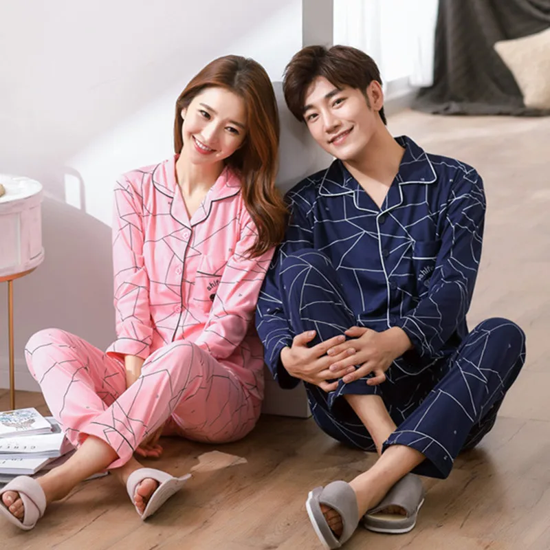2018 осень пары 100% хлопок пижамные комплекты для женщин с длинными рукавами