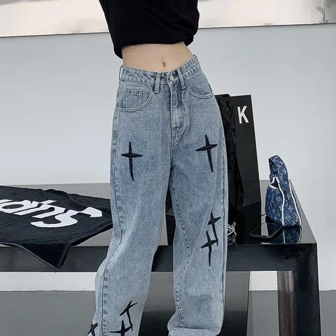 Streetwear Cross Embroidery Jeans Woman High Waist Y2k Straight Baggy Pants Korean Fashion Women's Jeans 2022 Trend Trousers