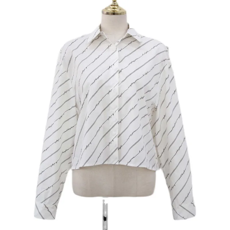 

Shirt Spring 2021 New Fashion Korean Chic Slimming Versatile Front Short Long Back Personalized Diagonal Striped Shirt for Women