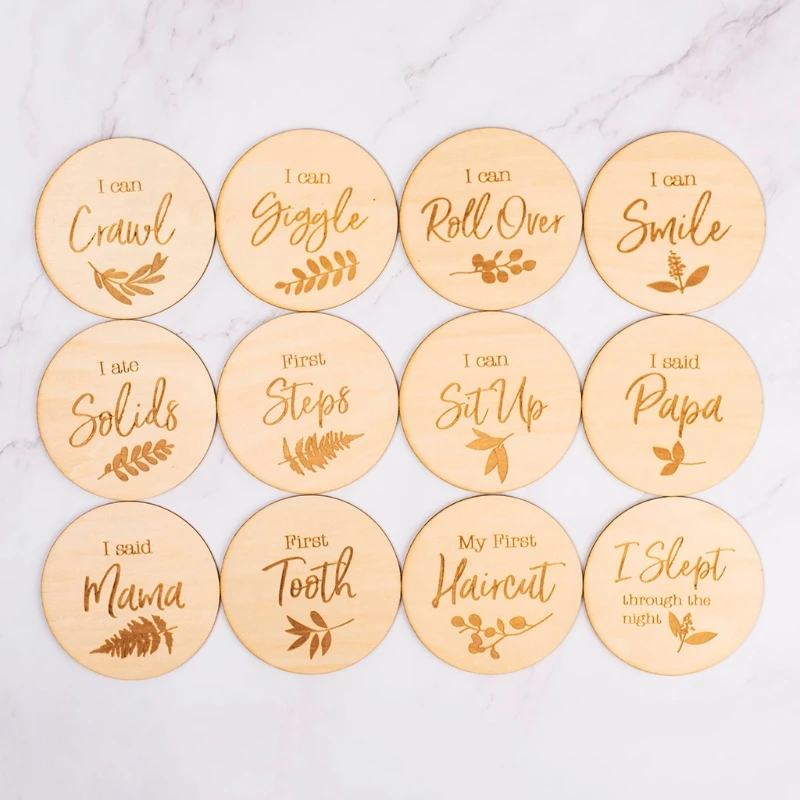 

12 Pcs Baby Milestone Cards Wooden Commemorate Baby Birth Monthly Recording Cards Newborn Infant Shower Gifts