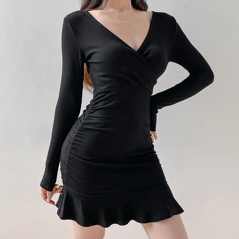 

Autumn Sexy Ruffles Women Dress Pullover Cross V-Neck Long Sleeves A-Line Mini Dress Solid Color Elegant Sweet Slim Dresses 2021