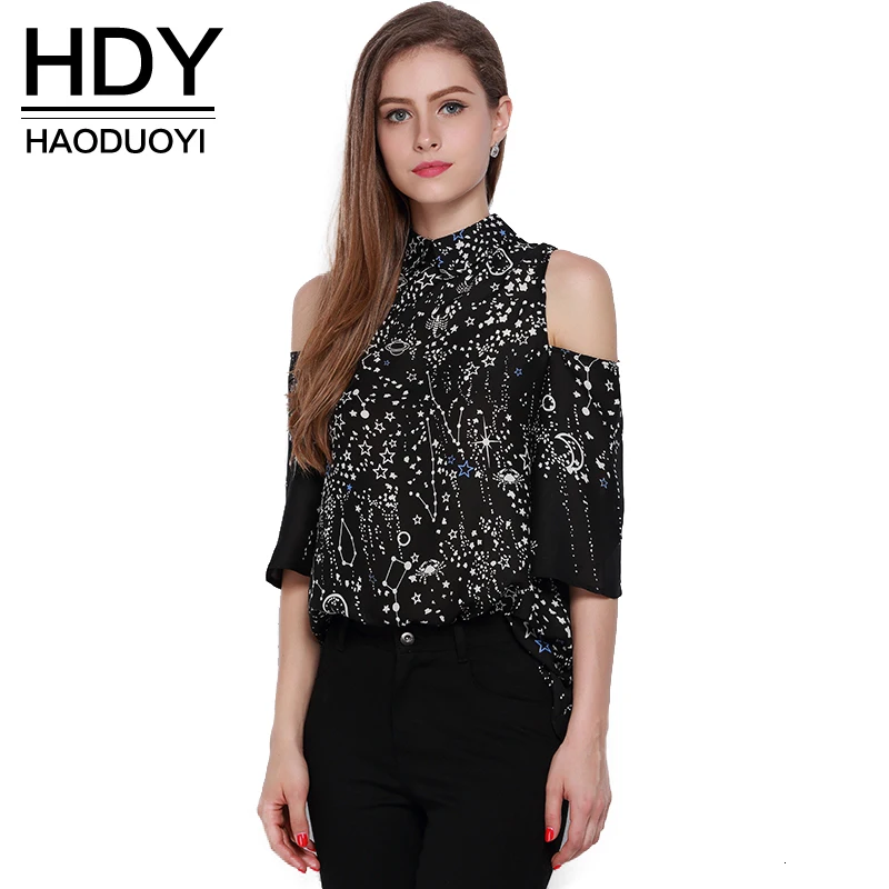 HDY Haoduoyi 2017 черный с принтом со звездой сладкий женский блузка рубашка