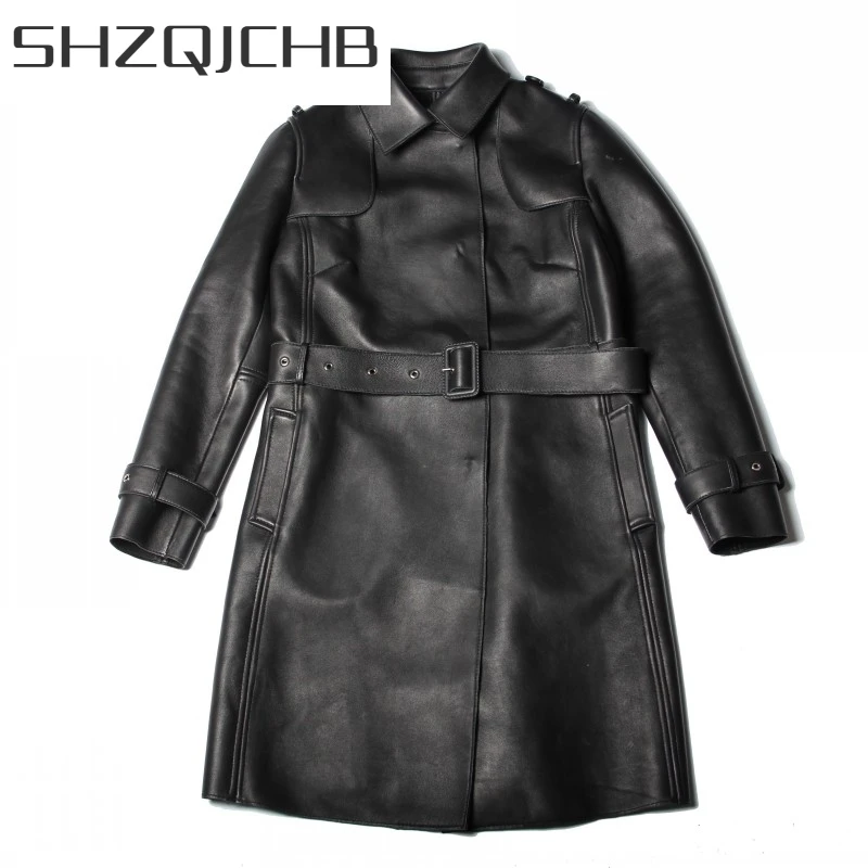 

JCHB 2021 New Women Genuine Leather Slim Pink Trench Coats Sashes Belt Long Sleeve Autumn Winter Real Leather Sheepskin Long Ja