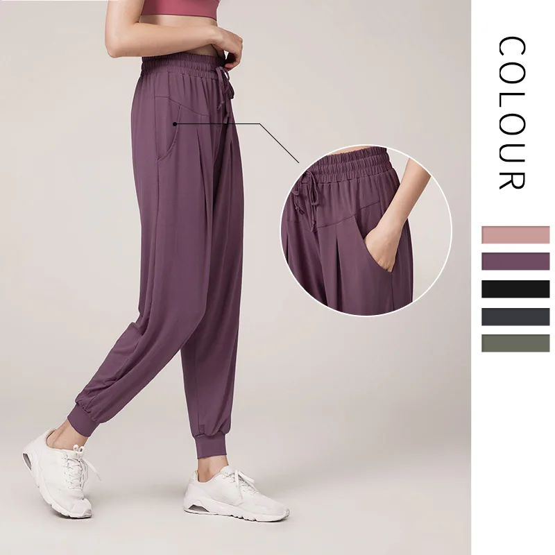 

Quick Dry Loose Women Sport Pants Drawstring Tie Foot Mouth High Waist Fitness Trousers Jogging Athletic Cycling Yoga Outfit