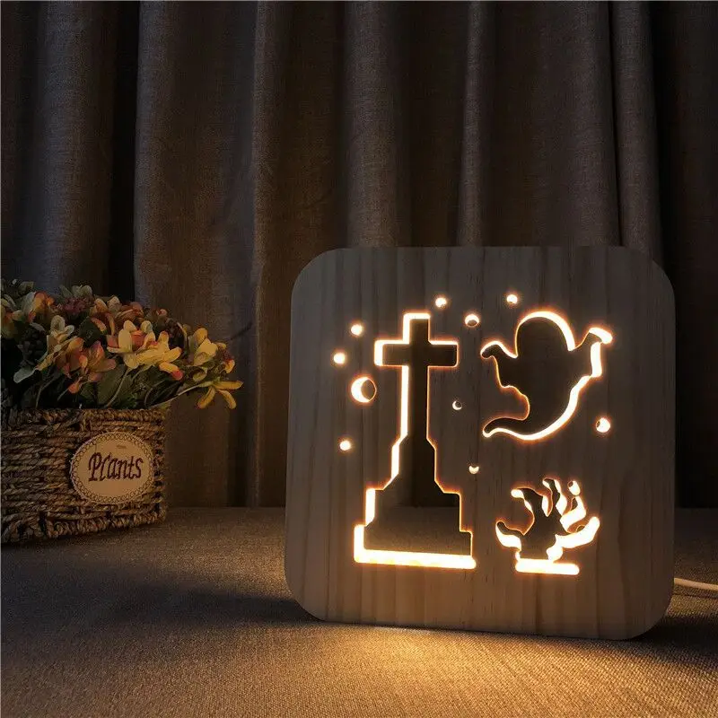 Ghost Shape Wooden Lamp Wooden Ornaments Creative Night Lights LED Christmas Lights Holiday Lights