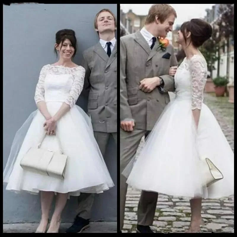

2021 White Short Wedding Dresses Bateau Neck Simple Lace 3/4 Sleeves Bridal Gowns Petite Tea Lenght Outdoor Marriage Dress