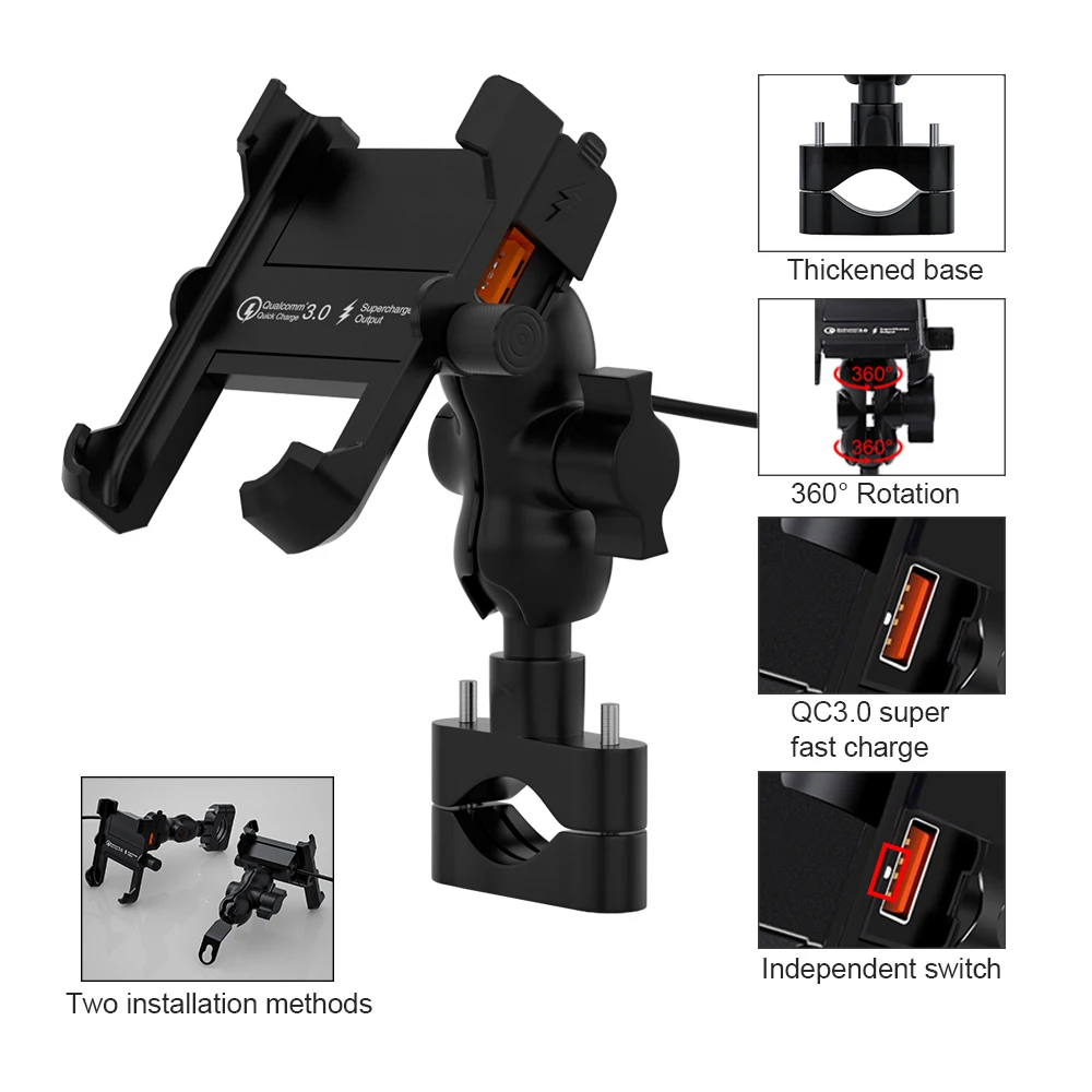 

Waterproof Metal Motorcycle Smart Phone Mount Handlebar Stand Holder with QC3.0 USB Quick Charger for Mobile Phone 4.3-6.7 inch