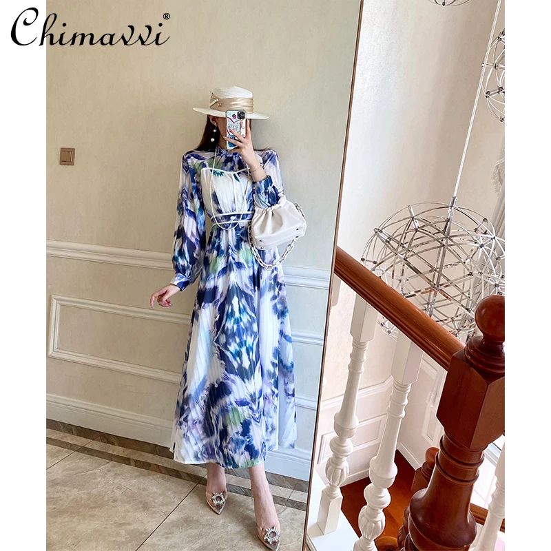 

High-End Printed Maxi Dress 2021 Fall Women's Clothing New Elegant French Vintage Floral Dress High Waist Slimming Dress