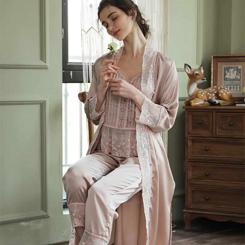 

Robe Long sleeve Robe Elegant Woman Robes Sleepwear 3 pcs Set Pajamas Robe Suit Satin