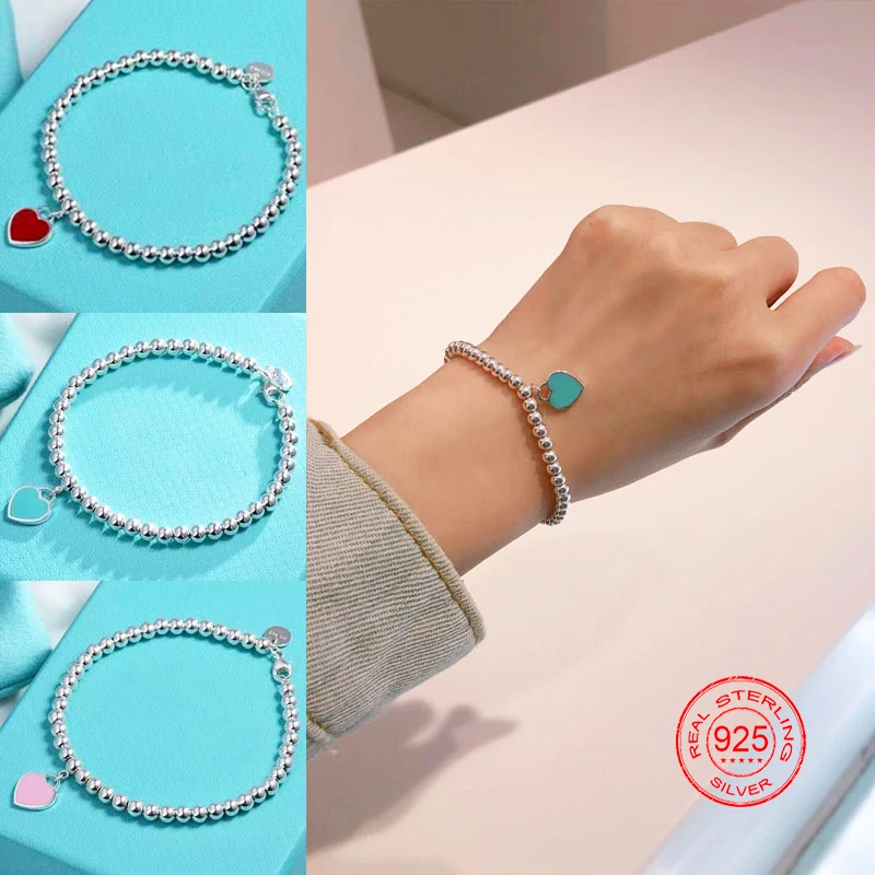 

Bracelet 925 silver 1:1 original classic enamel bracelet. Popular jewelry in Japan and Korea. Blue/red/pink heart. 4mm beads