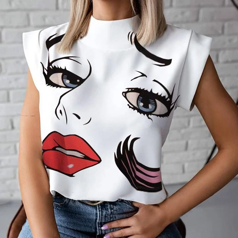 

Muyogrt 2021 Sleeveless White Blouse Women Casual Summer Stand Collar Short Sleeve Slim Print Shirt Office Ladies Women Tops