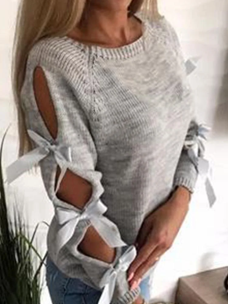 2020 Women Autumn Elegant Plus Size Casual Top Female Lace-up Sweaters Ladies Leisure 2XL Crew Neck Tie-Up Sleeve Sweater | Женская