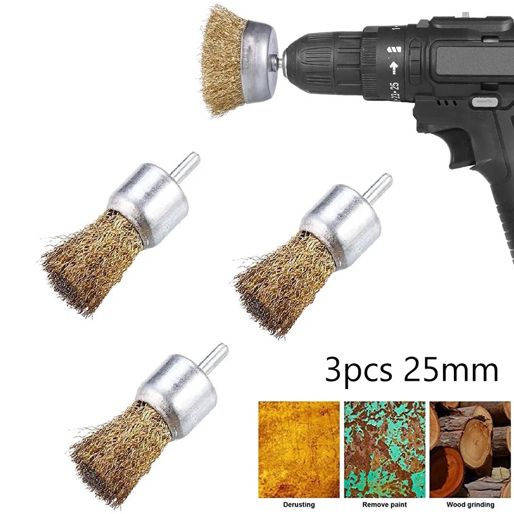 

25mm Brass Wire Brush 3pcs End Wire Brushes 6mm Shank Crimp Cup Set Kit