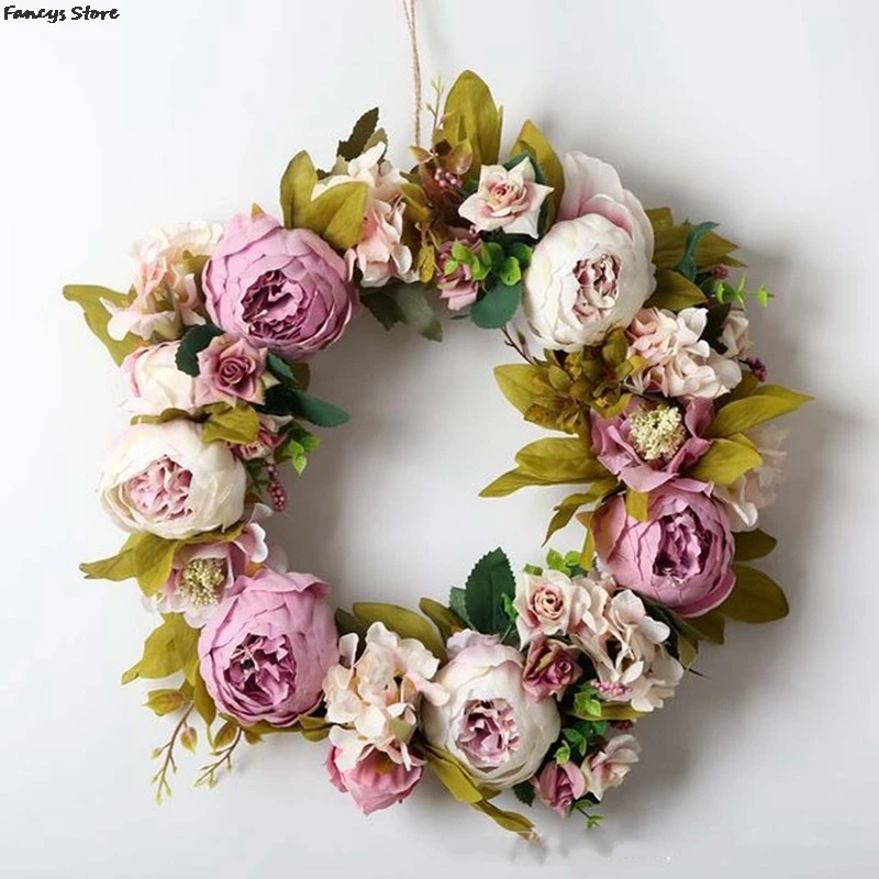 

White Simulation Garland Roses Ring Field Pendant Door Knocker Round Leaf Decoration Wreaths Door Hanging Accessories Wedding