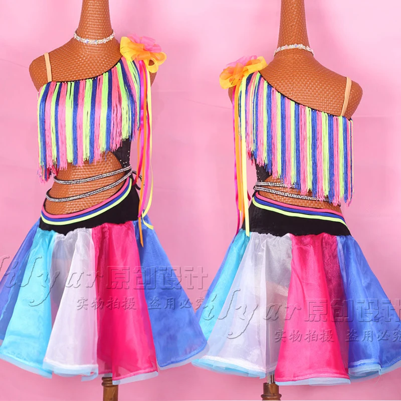 

New Latin Dance Skirt Competition Skirt Performance Skirt Adult cCustom Children's Colorful Tassel Dance Skirt