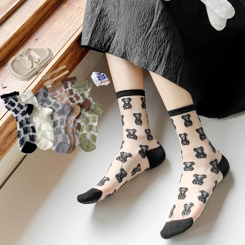 

Mesh Glitter Sexy Transparent Summer Shiny Bear Breathable Sheer Women Girls Cartoon Socks Short Cotton Sweet Cute Socks Female