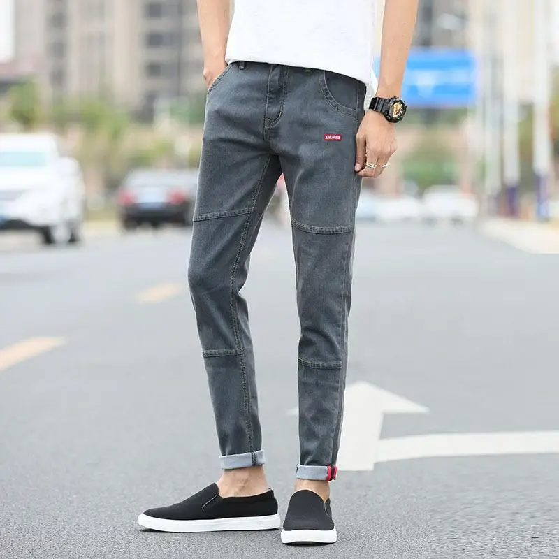 

Men Ripped Skinny Biker Jeans 2019 spring high waist patchwork Blue Black ankle length Denim Pants plus Size