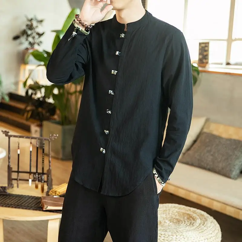 M-5XL Plus Size Vintage Mens Office Shirts Long Sleeve Chinese Collar Single Breasted Linen For Men Autumn Streetwear | Мужская одежда