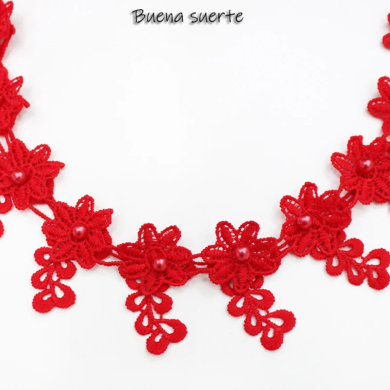 1 ярд красные цветы кисточки бахрома жемчужные бусины кружевная отделка лента