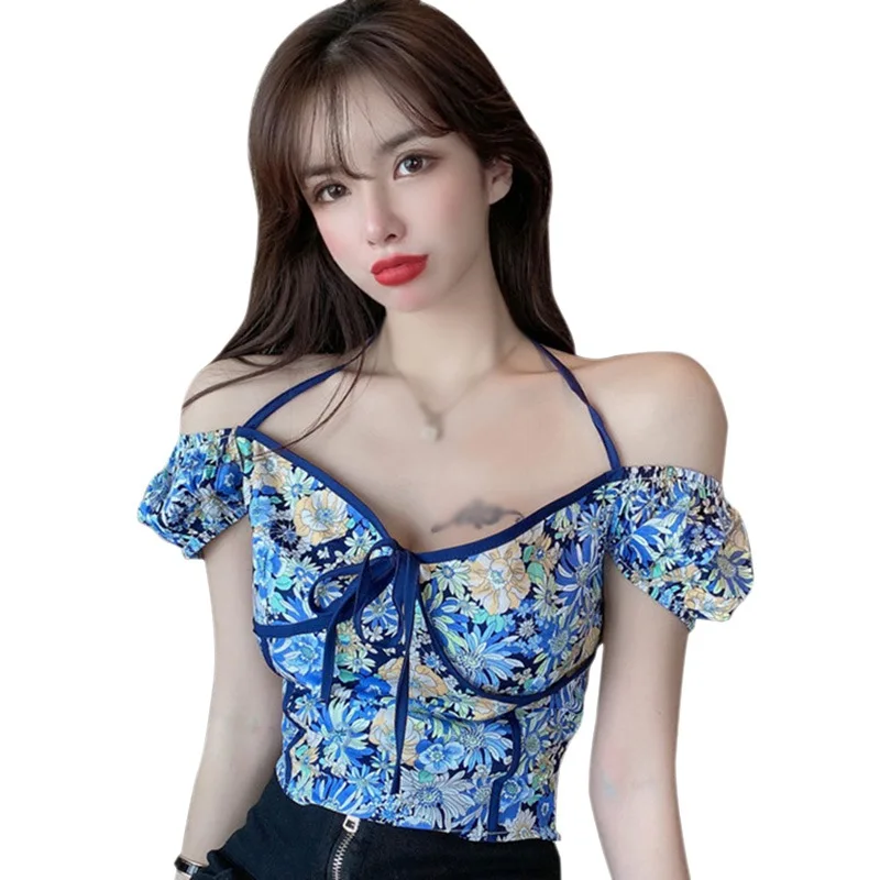 

Womens Fashion Floral Print V Neck Blouse Sexy Slim Exposed Navel Short Sleeves Korean Style Tops