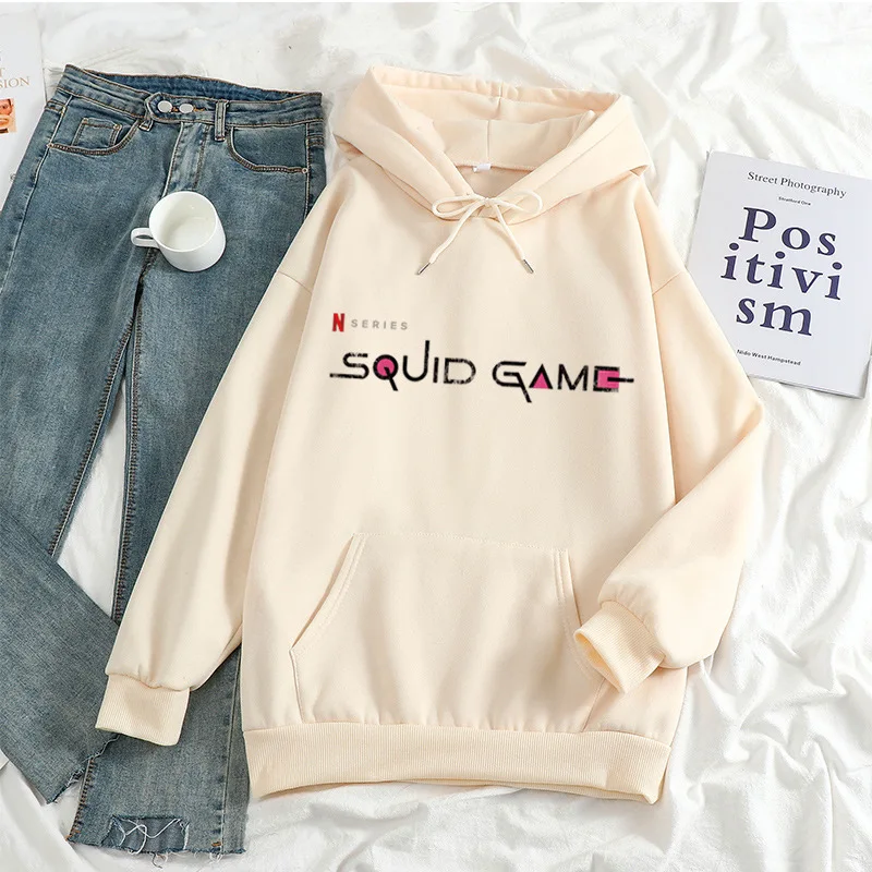 

Squid Game Fleece Hoodie Round Six Letter Print Pocket Sweatshirt Casual Loose Long Sleeve Outerwear Unisex Clothing Streetwear