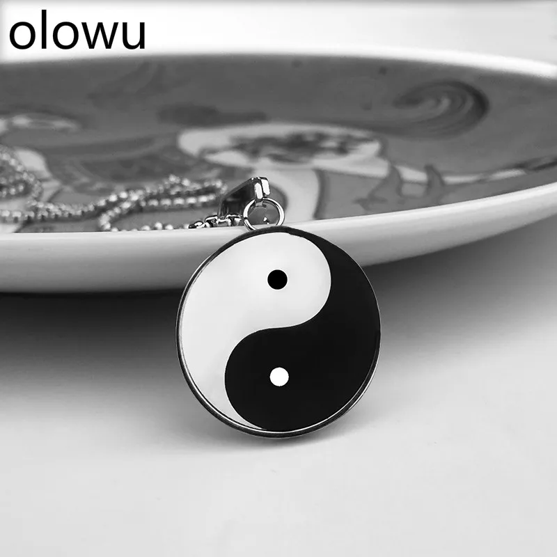Olowu Инь Ян тайчи кулон ожерелье для мужчин Белый Черный Нержавеющая сталь Тай Чи