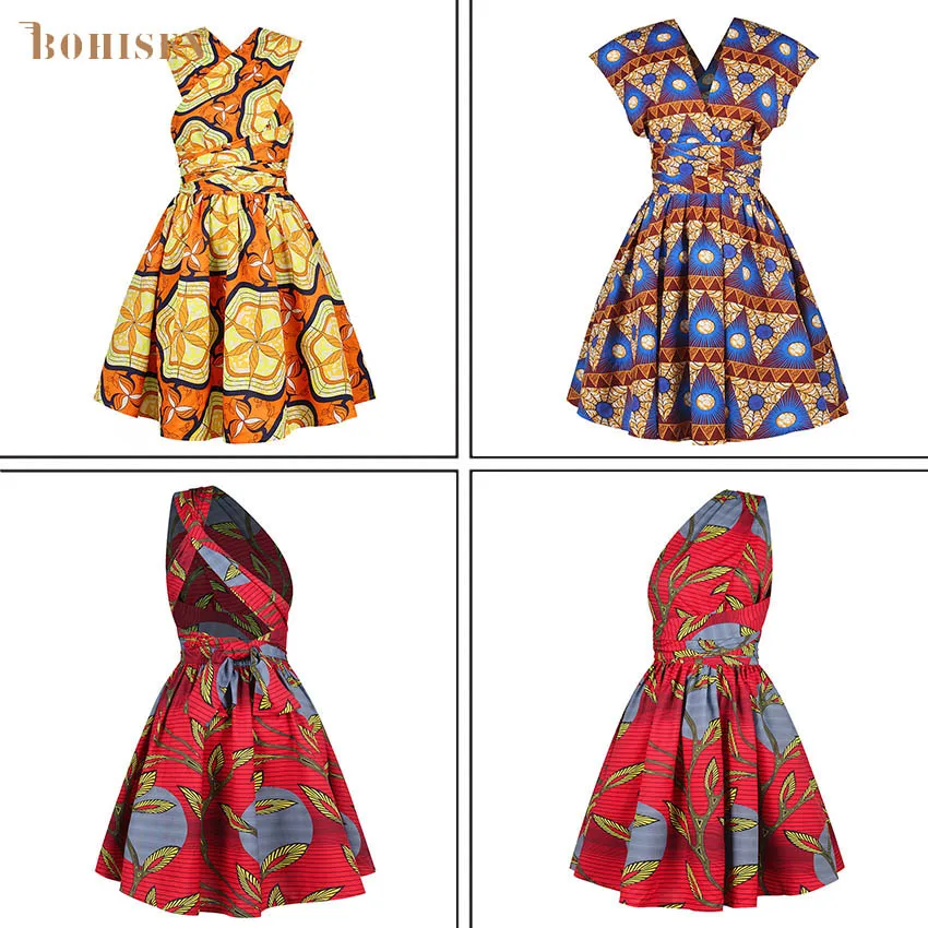 BOHISEN Dashiki женские платья с африканскими принтами Bazin Ankara короткими рукавами Slim Riche