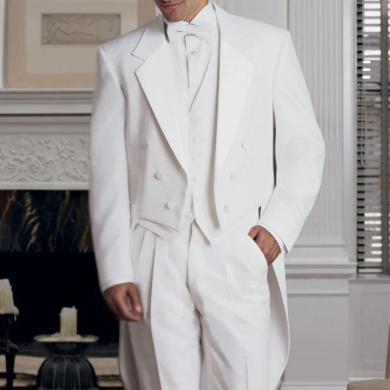 

White Men Tail Coat with Double Breasted 3 piece Wedding Tuxedo for Groom Man Fashion Costumes Jacket Vest with Pants New