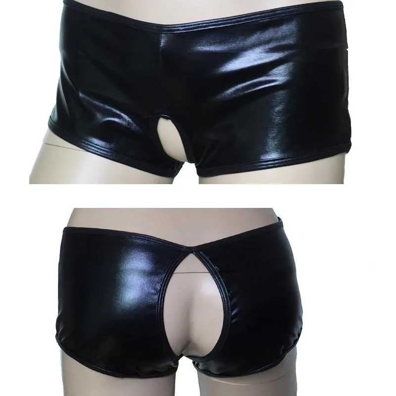 Сексуальные женские блестящие кожаные трусики с вырезами Wetlook открытая ягодица промежность Танга Трусики Клубное нижнее белье под брюки Фетиш белье