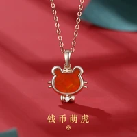 chinese style money coin tiger necklace female s925 sterling silver red agate tiger year zodiac pendant retro new year necklace